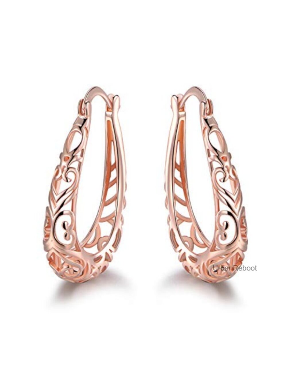 18K Gold Plated Filigree Hoop Earrings Brass Bezel Latch Back